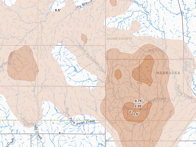 Radar-estimated hail-size map of the storm over Western, NE on Jun 5, 2026