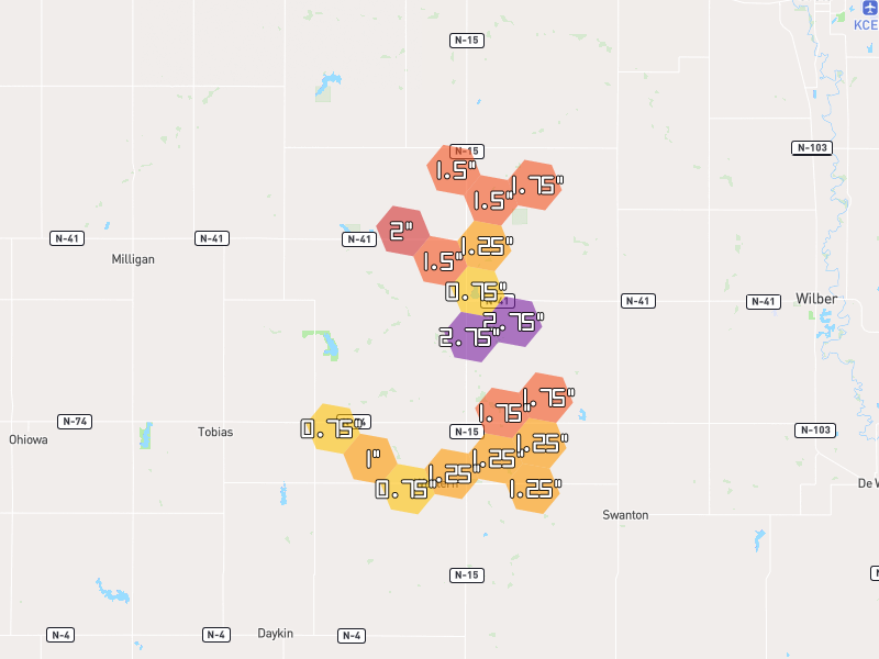 Hail map of Western, NE on Jun 6, 2026, hail up to 2.75"
