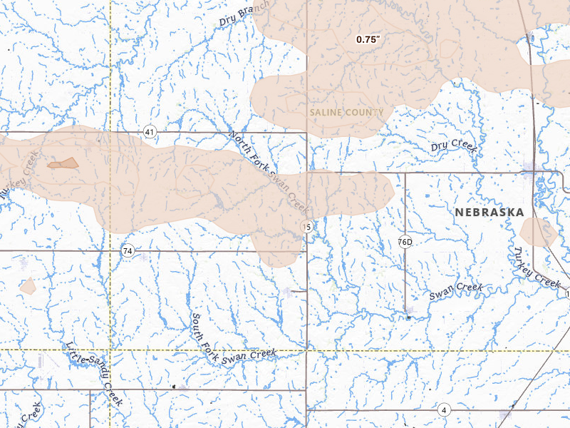 Radar-estimated hail-size map of the storm over Western, NE on Jul 3, 2026