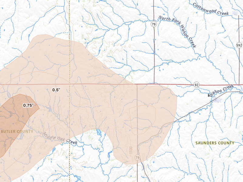 Radar-estimated hail-size map of the storm over Weston, NE on May 16, 2026