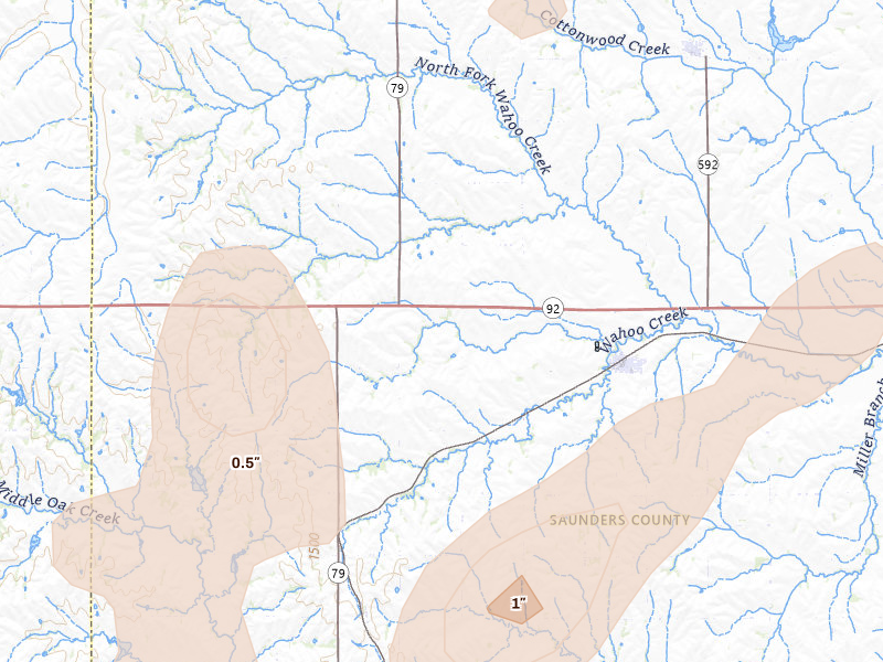 Radar-estimated hail-size map of the storm over Weston, NE on May 18, 2026