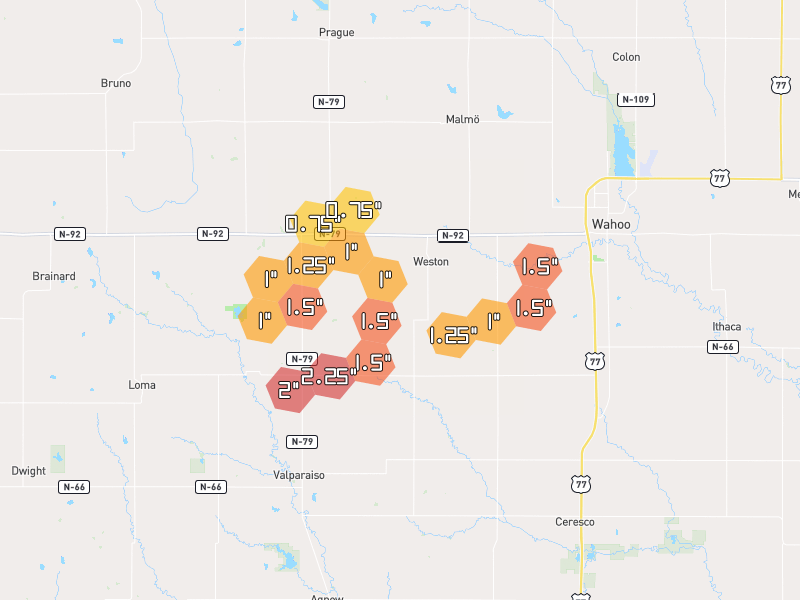 Hail map of Weston, NE on Jul 4, 2026, hail up to 2.25"