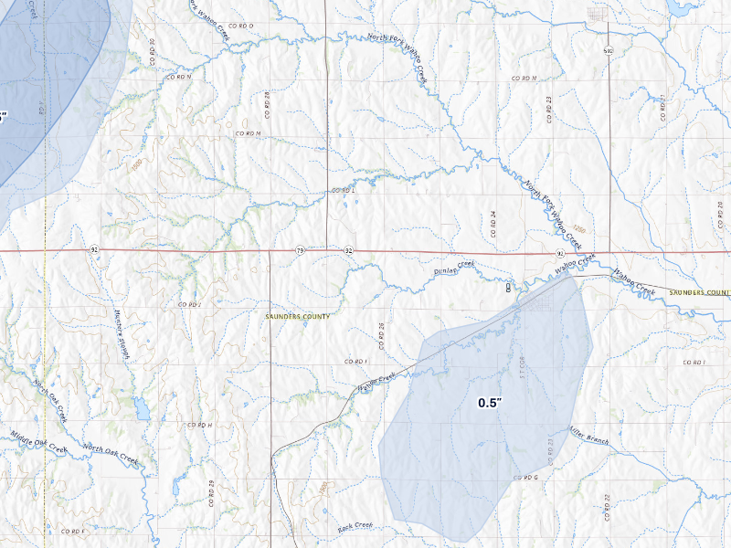 NEXRAD radar-signature map of the hail storm over Weston, NE on Aug 13, 2026