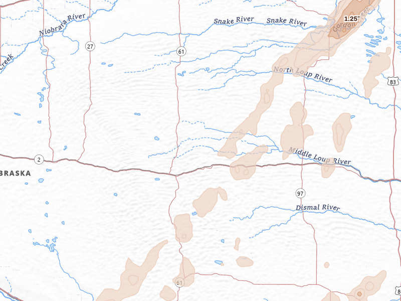 Radar-estimated hail-size map of the storm over Whitman, NE on Jun 30, 2026