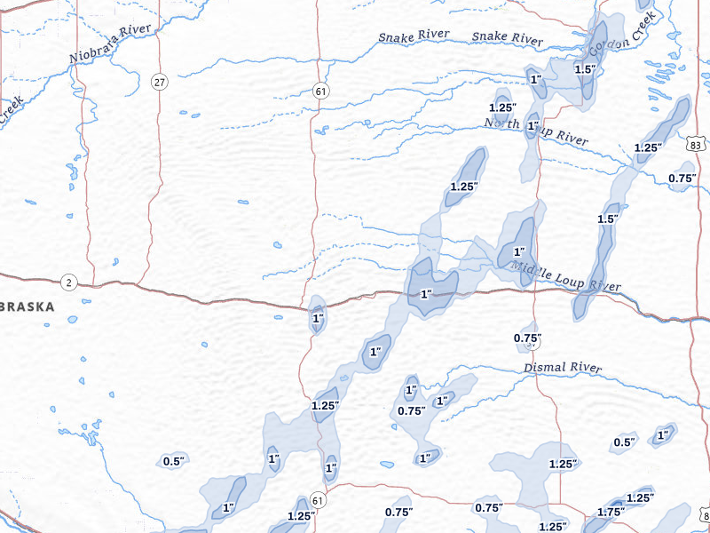 NEXRAD radar-signature map of the hail storm over Whitman, NE on Jun 30, 2026