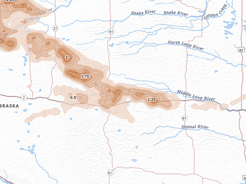 Radar-estimated hail-size map of the storm over Whitman, NE on Jul 3, 2026