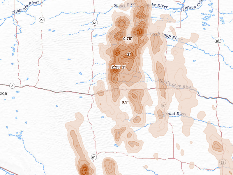Radar-estimated hail-size map of the storm over Whitman, NE on Aug 27, 2026