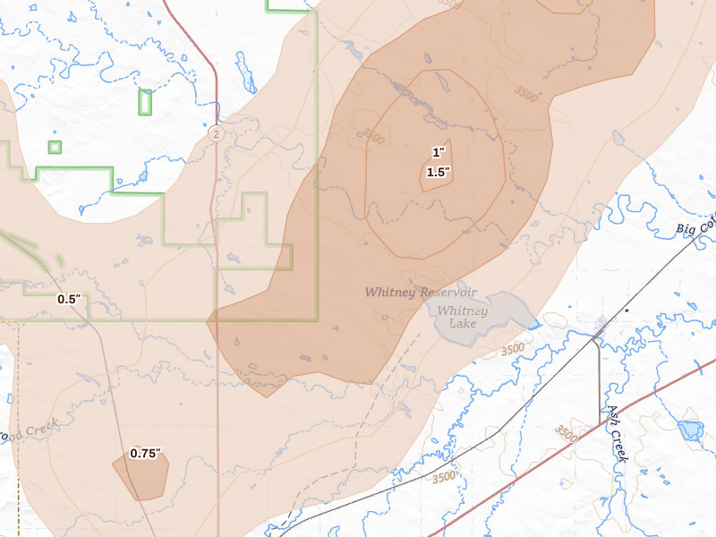 Radar-estimated hail-size map of the storm over Whitney, NE on Jun 28, 2026
