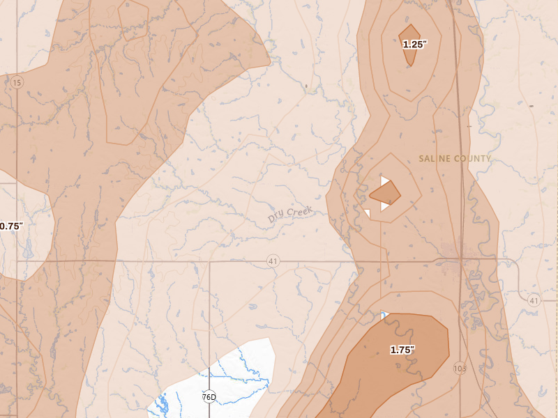 Radar-estimated hail-size map of the storm over Wilber, NE on May 16, 2026