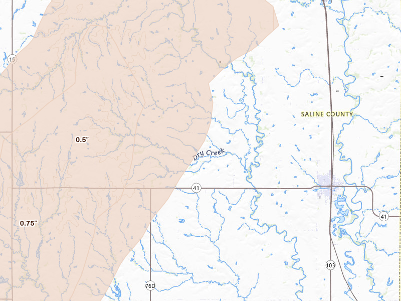 Radar-estimated hail-size map of the storm over Wilber, NE on May 17, 2026