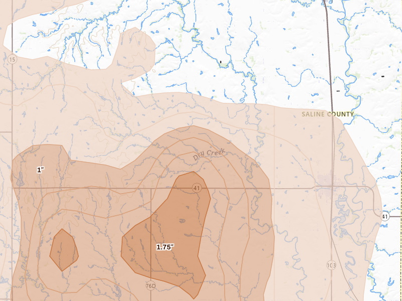 Radar-estimated hail-size map of the storm over Wilber, NE on Jun 5, 2026
