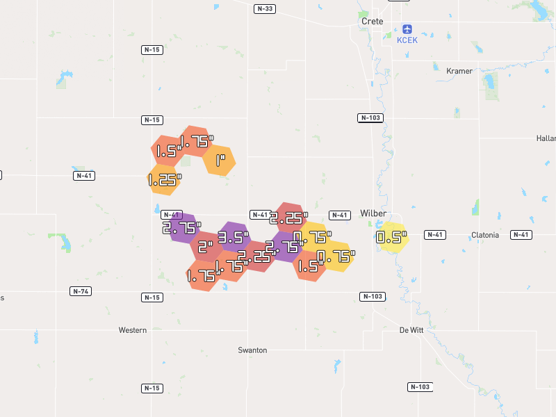 Hail map of Wilber, NE on Jun 6, 2026, hail up to 3.5"