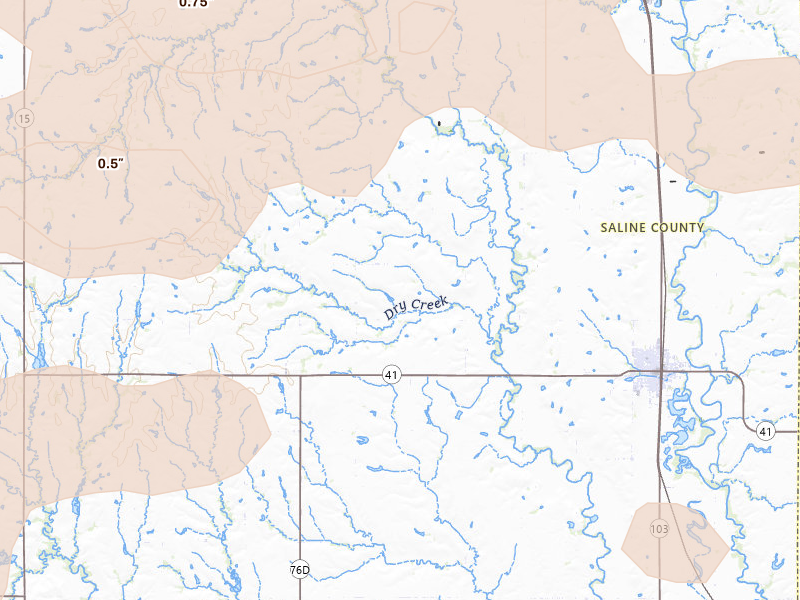 Radar-estimated hail-size map of the storm over Wilber, NE on Jul 3, 2026