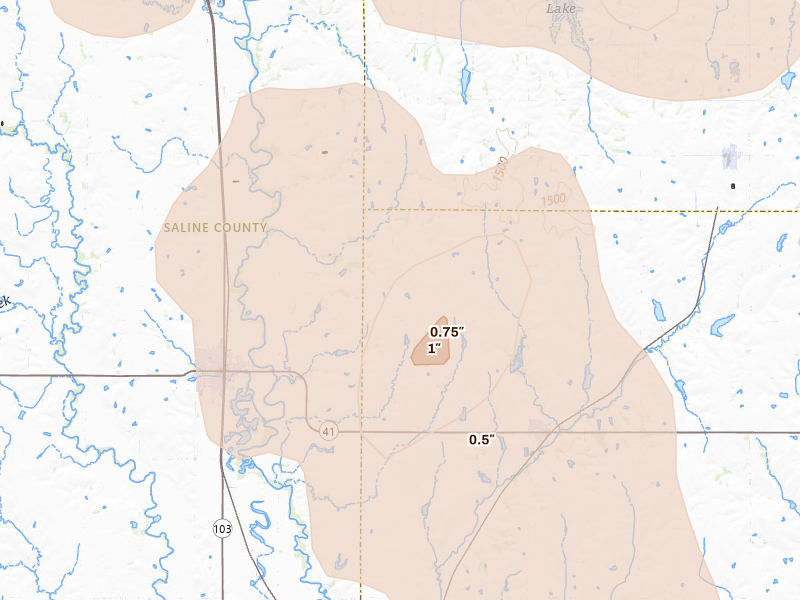 Radar-estimated hail-size map of the storm over Wilber, NE on Aug 19, 2026
