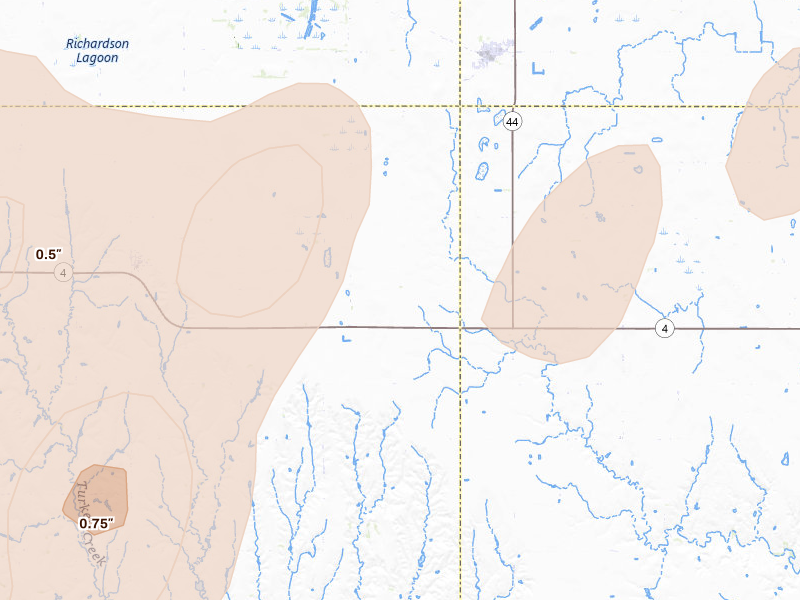 Radar-estimated hail-size map of the storm over Wilcox, NE on Jun 3, 2026