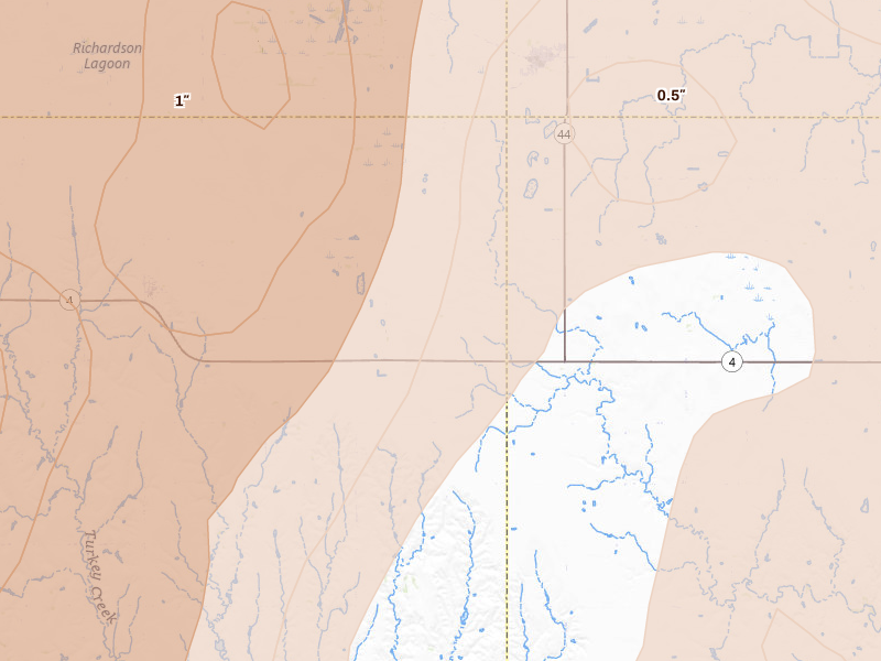 Radar-estimated hail-size map of the storm over Wilcox, NE on Jun 9, 2026