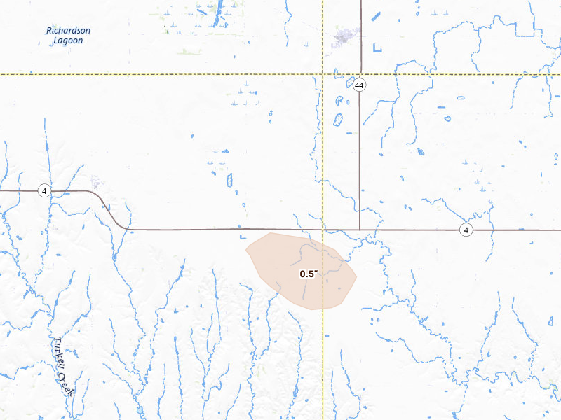 Radar-estimated hail-size map of the storm over Wilcox, NE on Jun 20, 2026