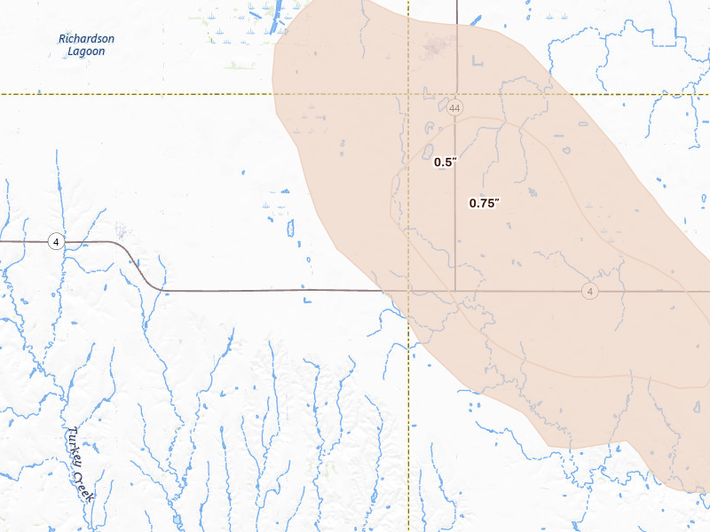 Radar-estimated hail-size map of the storm over Wilcox, NE on Jul 30, 2026
