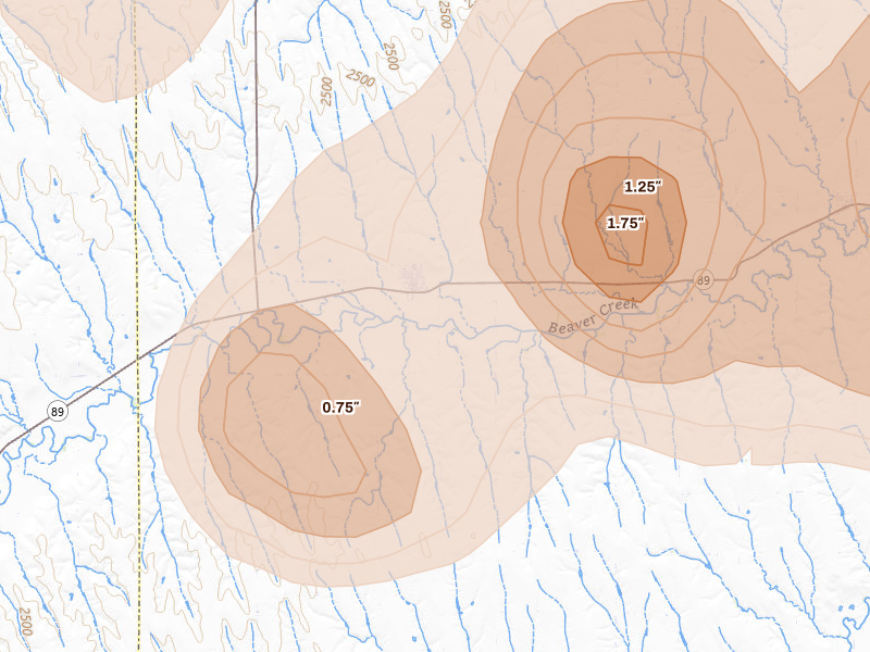 Radar-estimated hail-size map of the storm over Wilsonville, NE on Jun 8, 2026