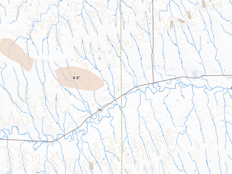 Radar-estimated hail-size map of the storm over Wilsonville, NE on Aug 19, 2026