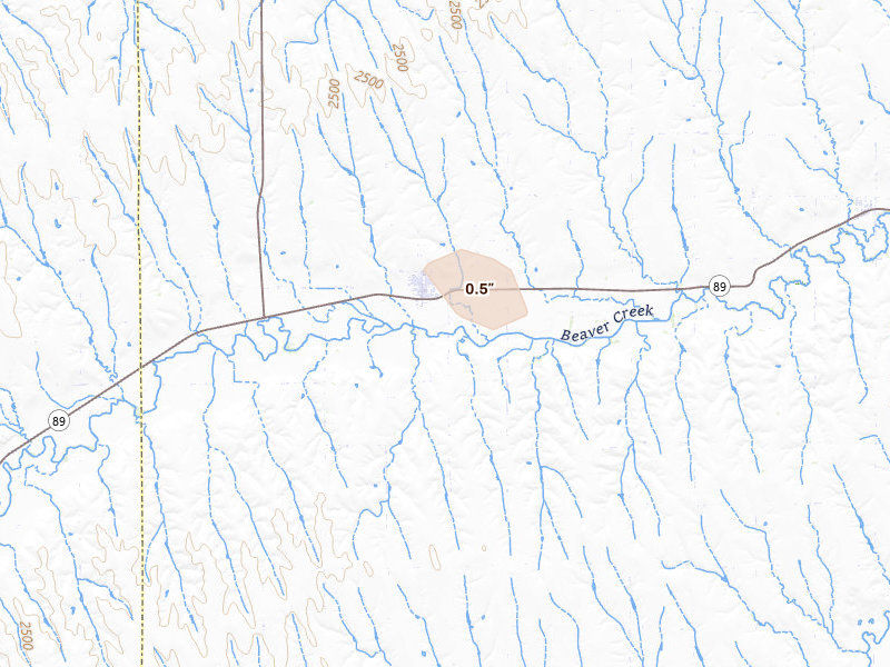 Radar-estimated hail-size map of the storm over Wilsonville, NE on Aug 20, 2026
