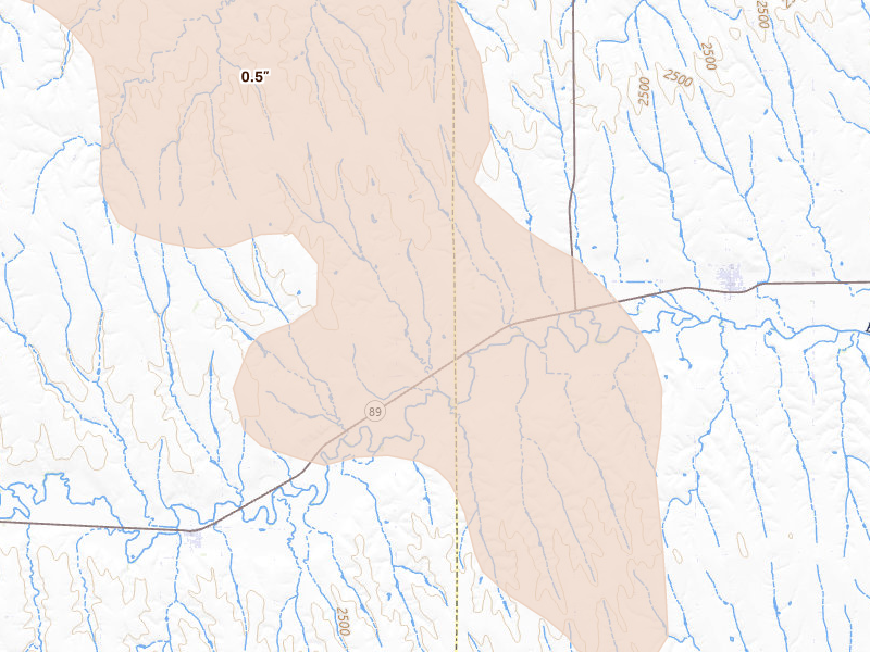 Radar-estimated hail-size map of the storm over Wilsonville, NE on Aug 27, 2026