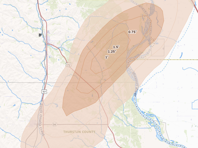 Radar-estimated hail-size map of the storm over Winnebago, NE on Jul 1, 2026
