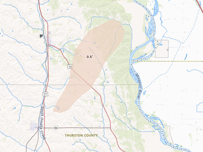 Radar-estimated hail-size map of the storm over Winnebago, NE on Jul 2, 2026