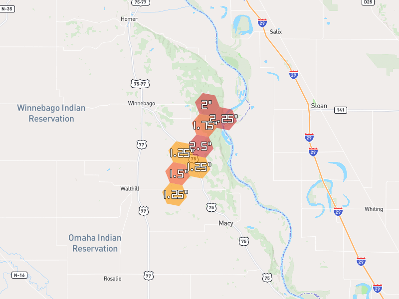 Hail map of Winnebago, NE on Jul 2, 2026, hail up to 2.5"