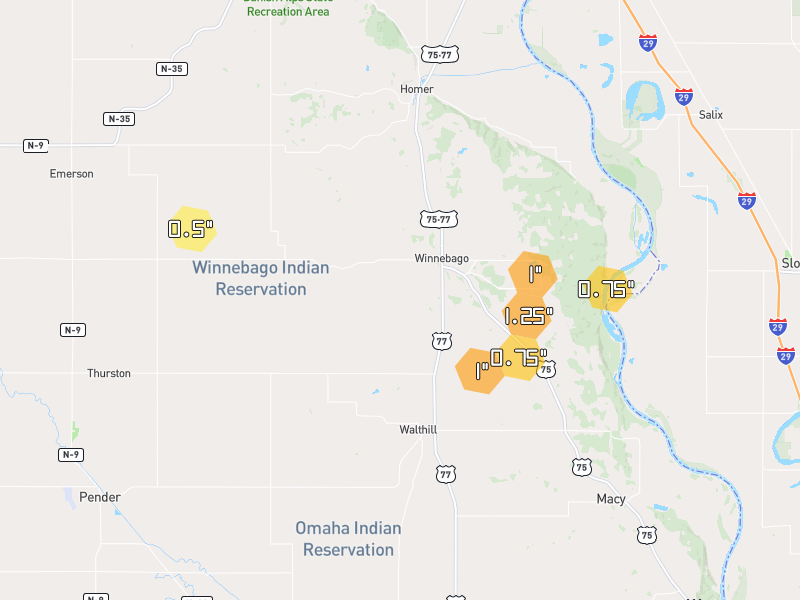 Hail map of Winnebago, NE on Jul 3, 2026, hail up to 1.25"