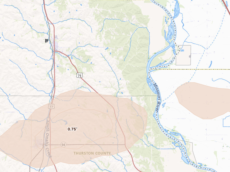 Radar-estimated hail-size map of the storm over Winnebago, NE on Jul 8, 2026