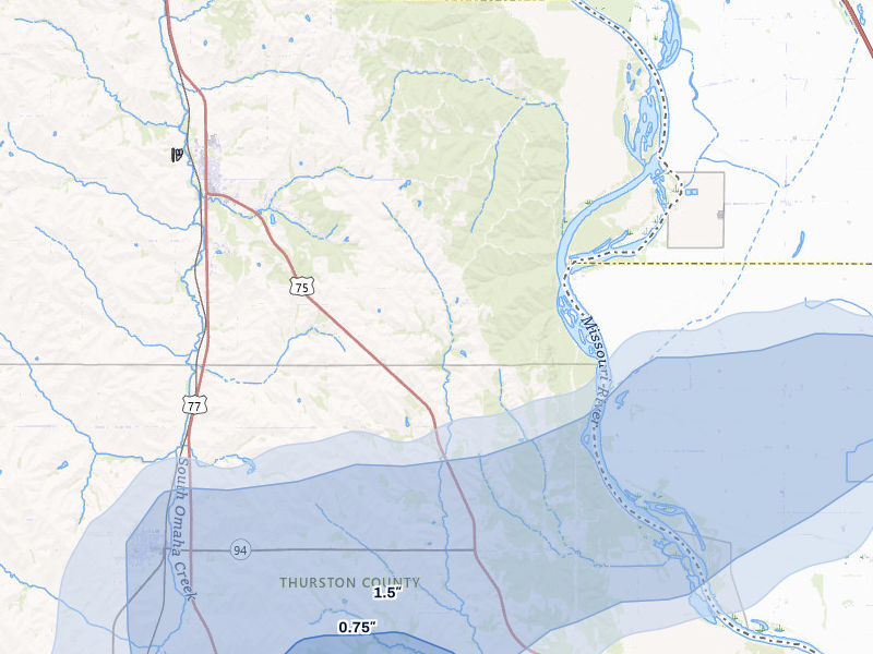 NEXRAD radar-signature map of the hail storm over Winnebago, NE on Jul 8, 2026