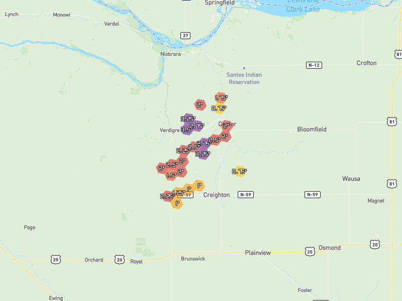 Hail map of Winnetoon, NE on Jun 30, 2026, hail up to 3.5"