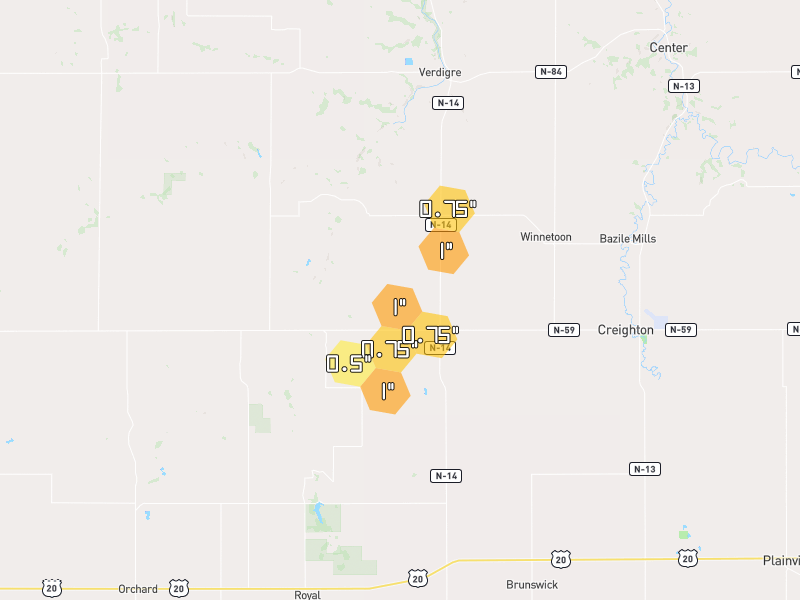 Hail map of Winnetoon, NE on Jul 1, 2026, hail up to 1"
