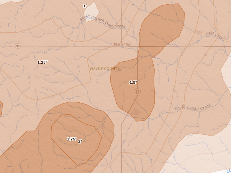 Radar-estimated hail-size map of the storm over Winside, NE on Jun 29, 2026
