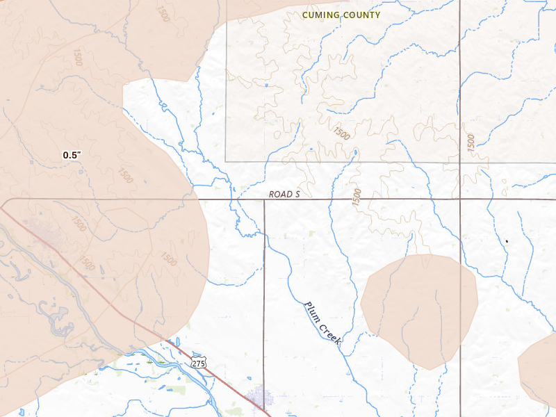 Radar-estimated hail-size map of the storm over Wisner, NE on May 17, 2026