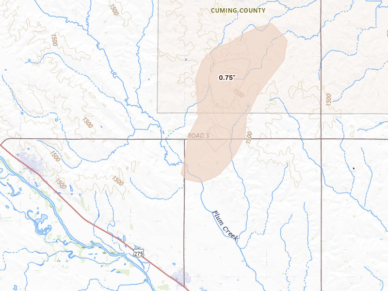 Radar-estimated hail-size map of the storm over Wisner, NE on Jul 1, 2026