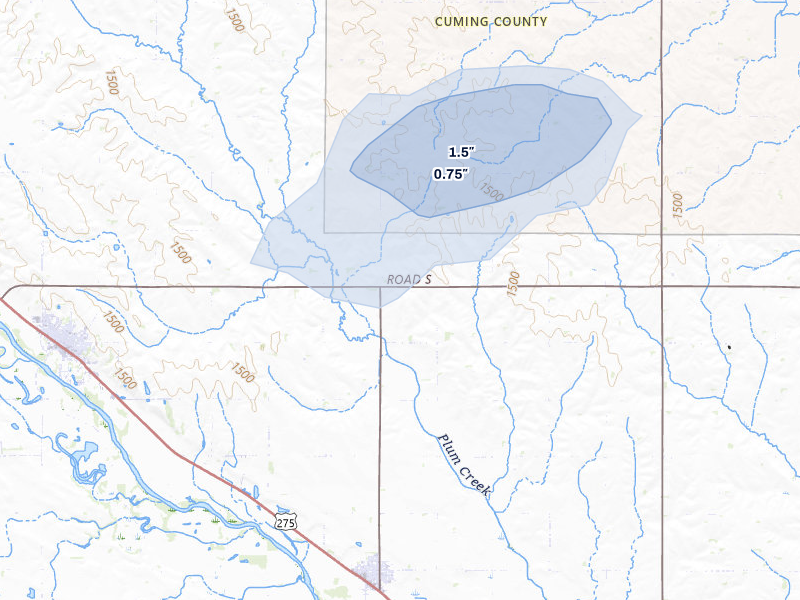 NEXRAD radar-signature map of the hail storm over Wisner, NE on Jul 1, 2026