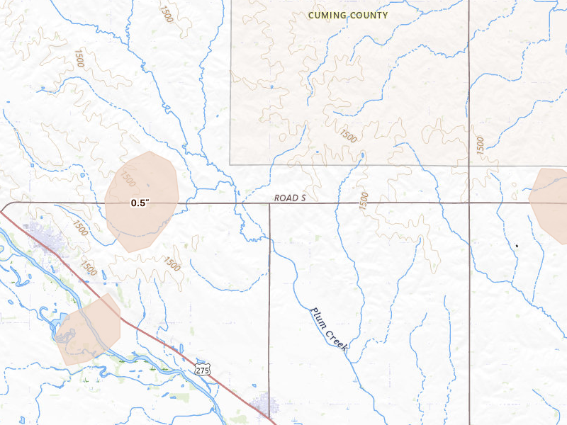 Radar-estimated hail-size map of the storm over Wisner, NE on Jul 2, 2026