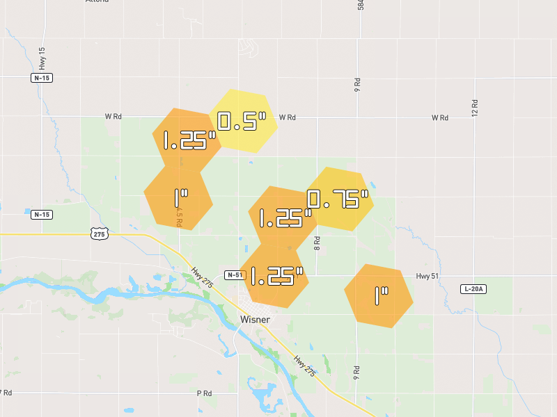 Hail map of Wisner, NE on Jul 3, 2026, hail up to 1.25"