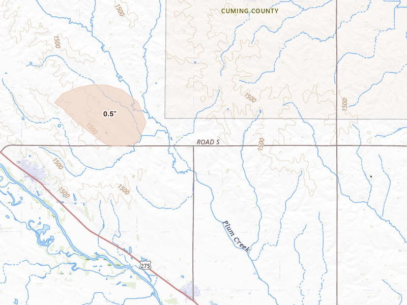 Radar-estimated hail-size map of the storm over Wisner, NE on Jul 26, 2026