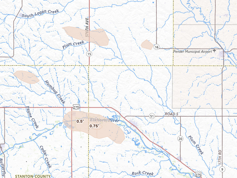Radar-estimated hail-size map of the storm over Wisner, NE on Aug 8, 2026