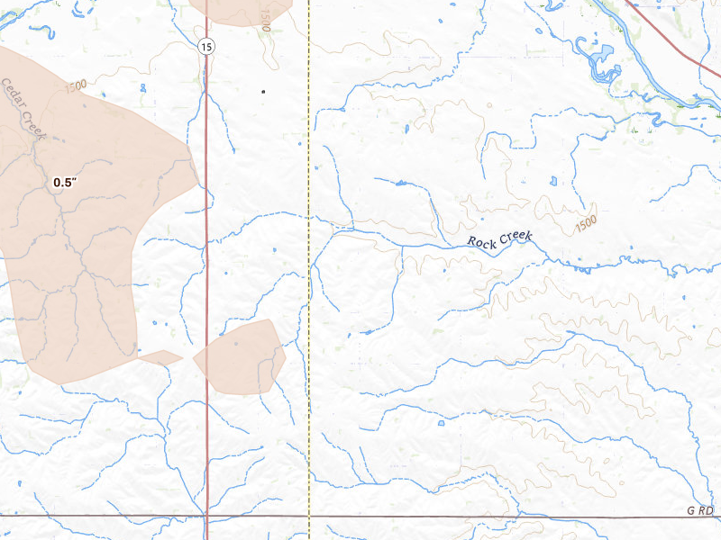 Radar-estimated hail-size map of the storm over Wisner, NE on Aug 11, 2026