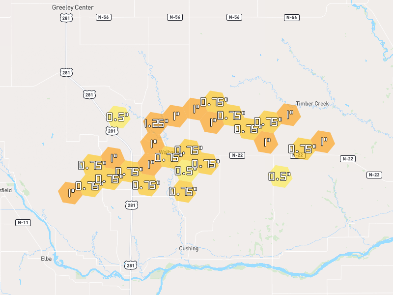 Hail map of Wolbach, NE on Jun 6, 2026, hail up to 1.25"