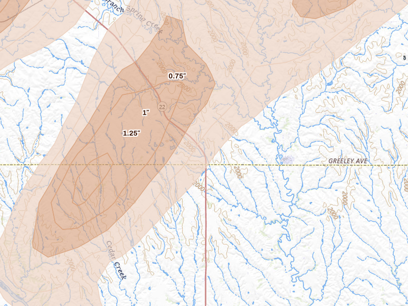 Radar-estimated hail-size map of the storm over Wolbach, NE on Jun 29, 2026