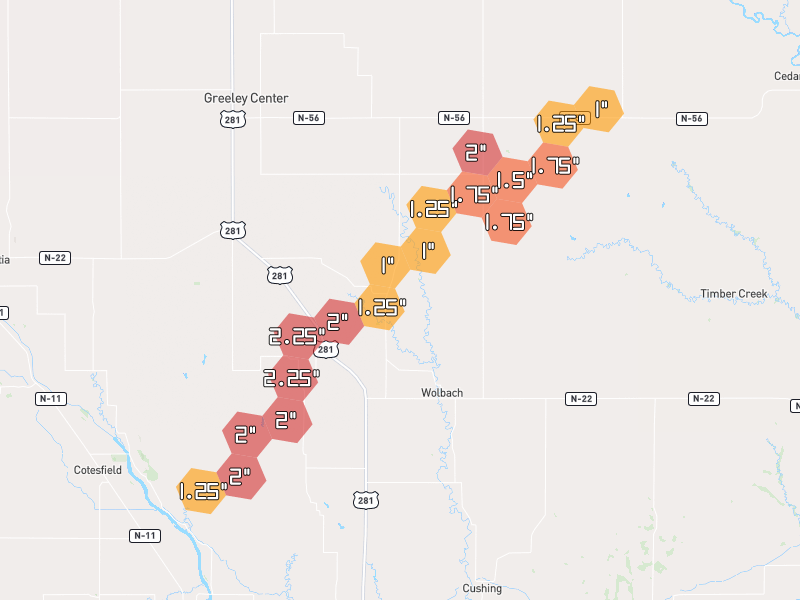 Hail map of Wolbach, NE on Jun 30, 2026, hail up to 2.25"