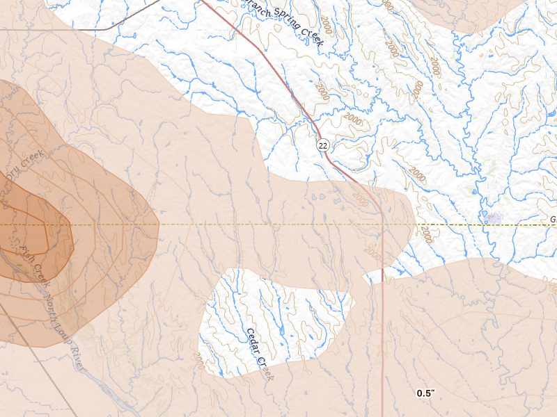 Radar-estimated hail-size map of the storm over Wolbach, NE on Aug 17, 2026