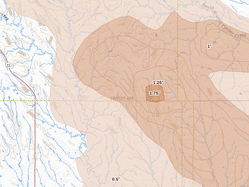 Radar-estimated hail-size map of the storm over Wolbach, NE on Aug 19, 2026