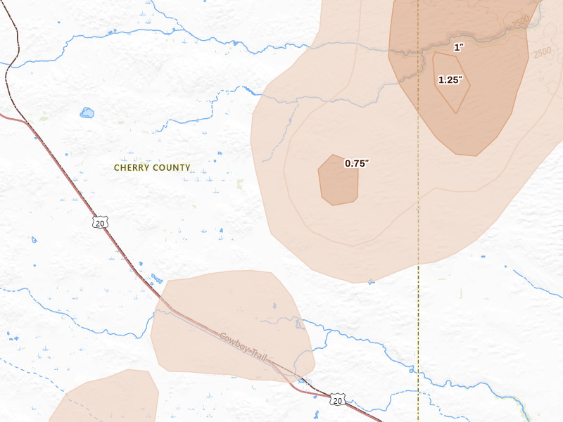 Radar-estimated hail-size map of the storm over Wood Lake, NE on May 17, 2026