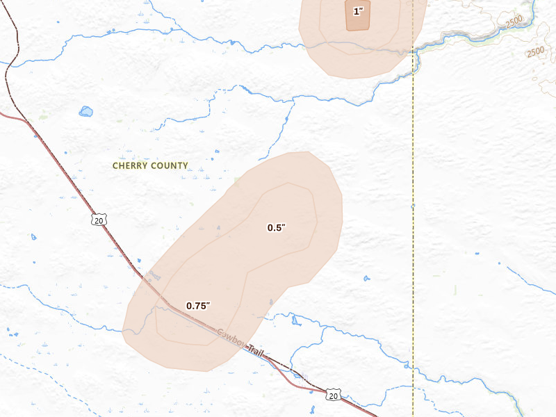 Radar-estimated hail-size map of the storm over Wood Lake, NE on Jun 3, 2026